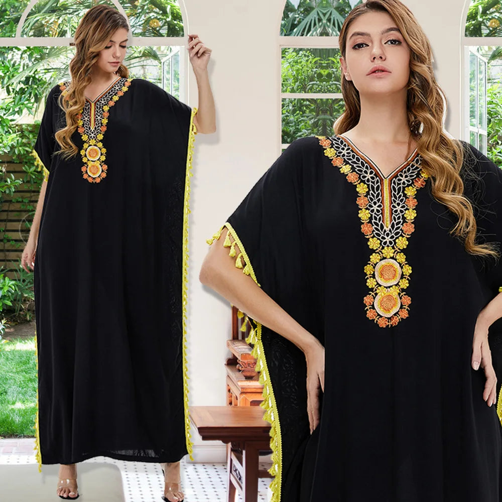 Dubai Middle East Arabia Women's Casual Kaftan Lightweight Oversized Turkish Maxi Dress Beach Cover-Up Traditional Muslim
