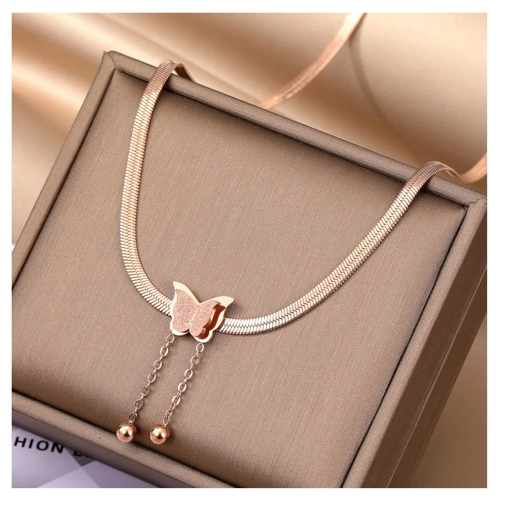 VKME Women Jewelry 18K Gold Plated Butterfly Necklace Stainless Steel Snake Bone Chain Butterfly Pendant Necklace