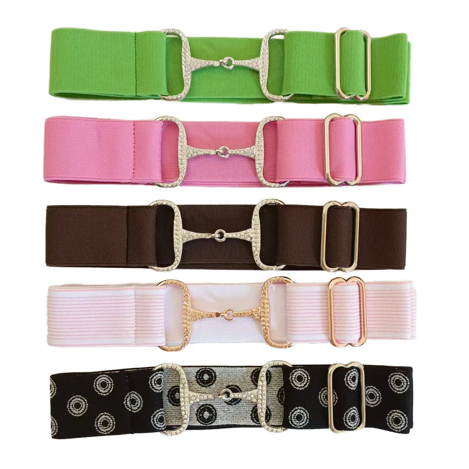 Solid Color - NO MOQ 1.5Inch 3.8cm Elastic High Waist Equestrian Belt for Horse Riding Sports with Rhinestone Snaffle Bit Buckle