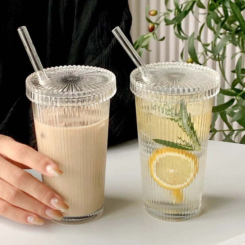 Ribbed Glass Cup With Glass Straw and Lid Elegant Origami Style Ripple Vintage Glassware  Iced Coffee Glass Cup 375ml