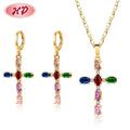 18k Laminated Gold Wholesale Jewelry Cz Zirconia Colored Cross Grandes De Piedras Women Jewelry Sets Earrings and Necklace