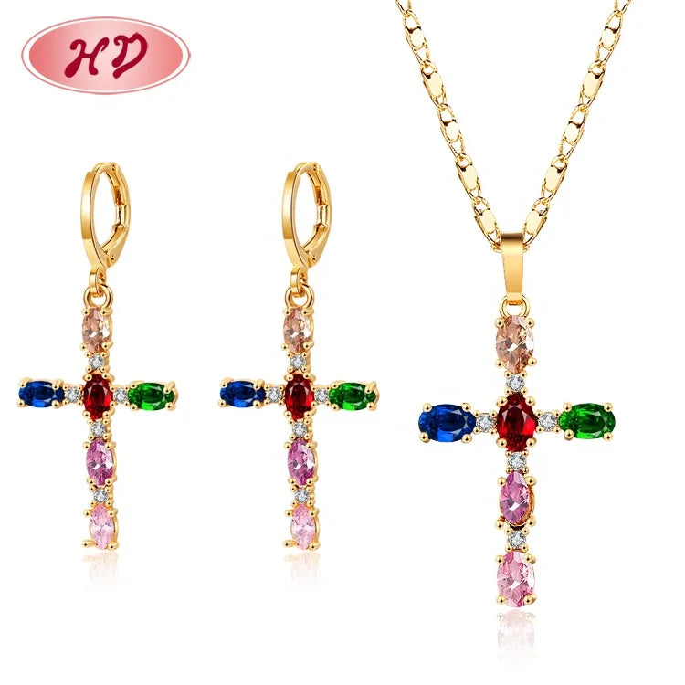 18k Laminated Gold Wholesale Jewelry Cz Zirconia Colored Cross Grandes De Piedras Women Jewelry Sets Earrings and Necklace