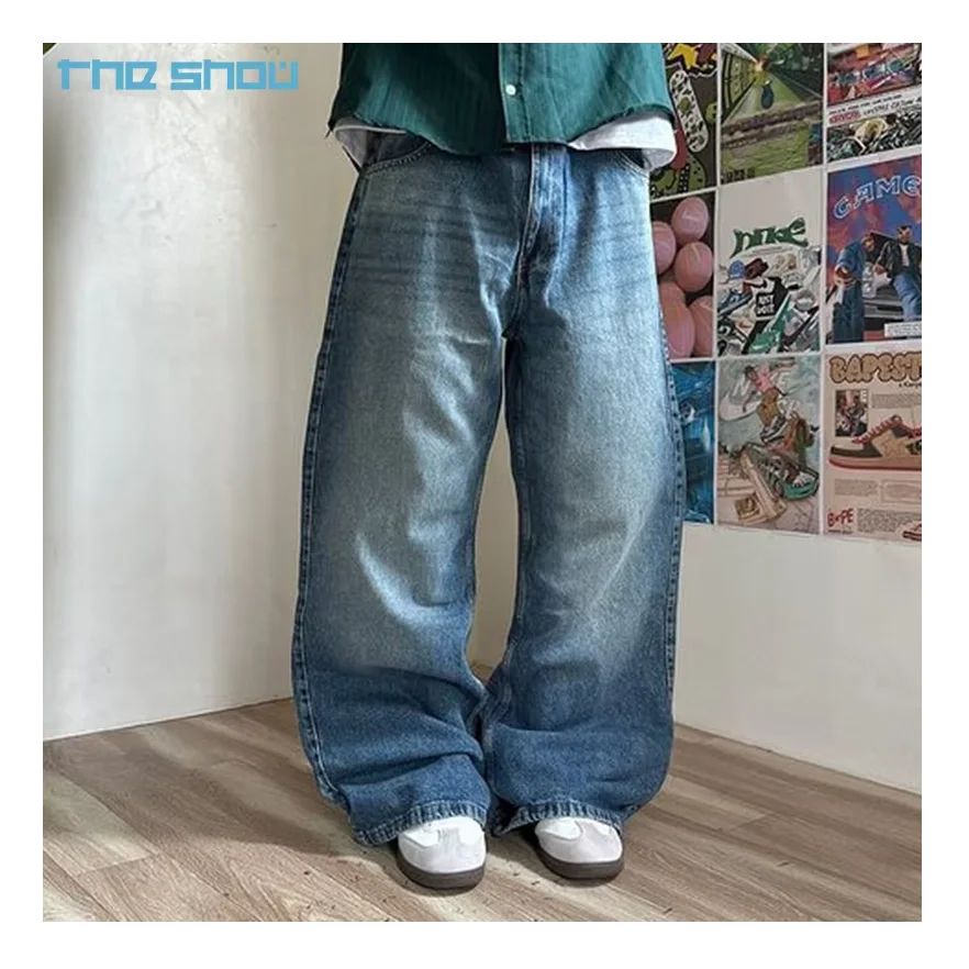 Vintage Pants Denim Stacked Jeans Straight Leg Wide Leg Loose Jeans Floor-length Men Baggy Jeans Light Washed Denim Pants Men