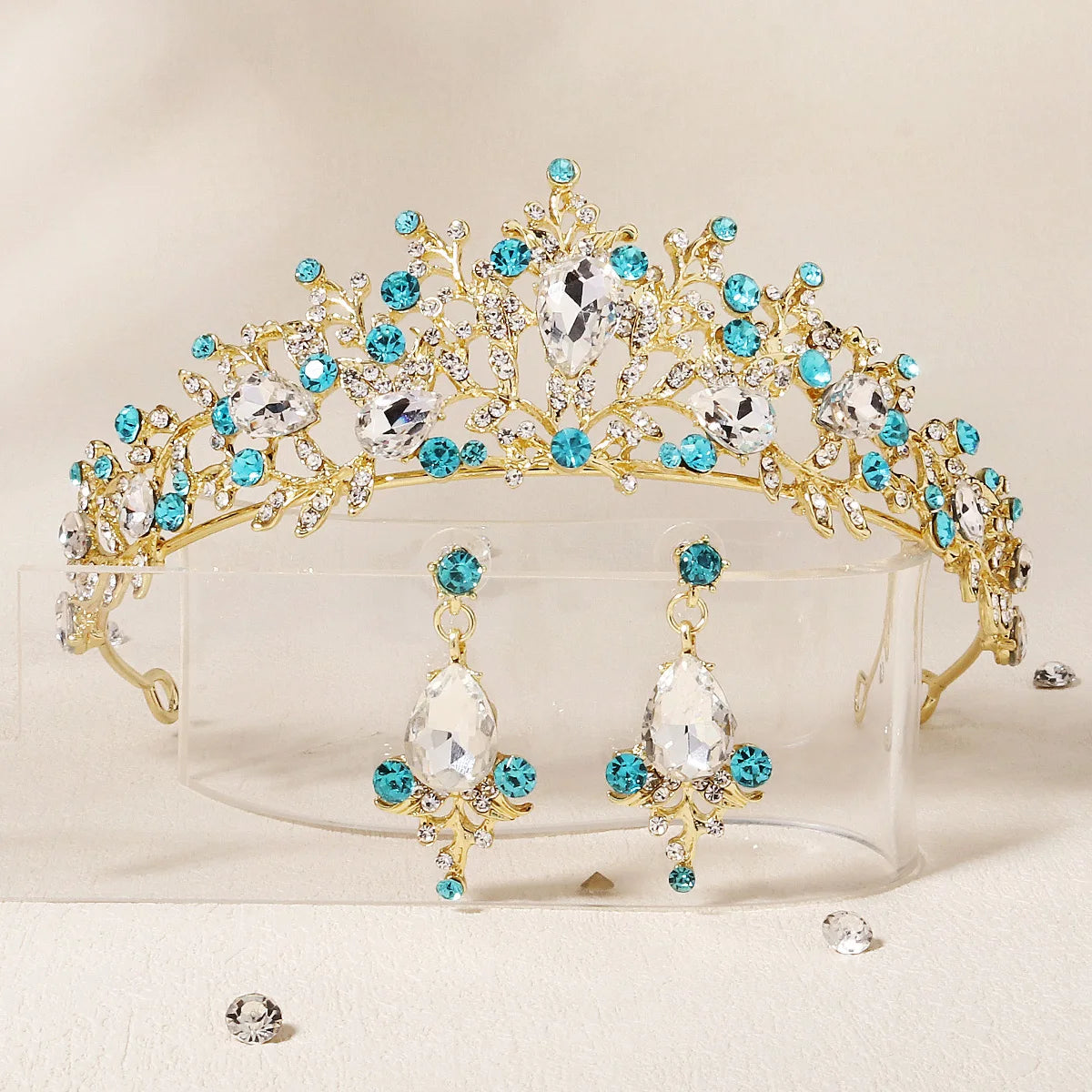 Bridal Women Tiaras and Crowns Earring Set Headpieces Crystal Head Jewelry Rhinestone Crown Diadem Wedding Newest Gold Pink Blue