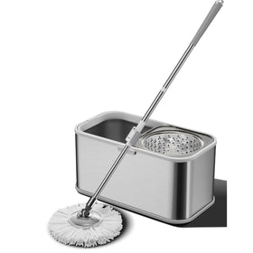 Stainless Steel Extendable Handle Spin Mop Bucket 2 Microfiber Mop Heads High Capacity High Dehydration Rate