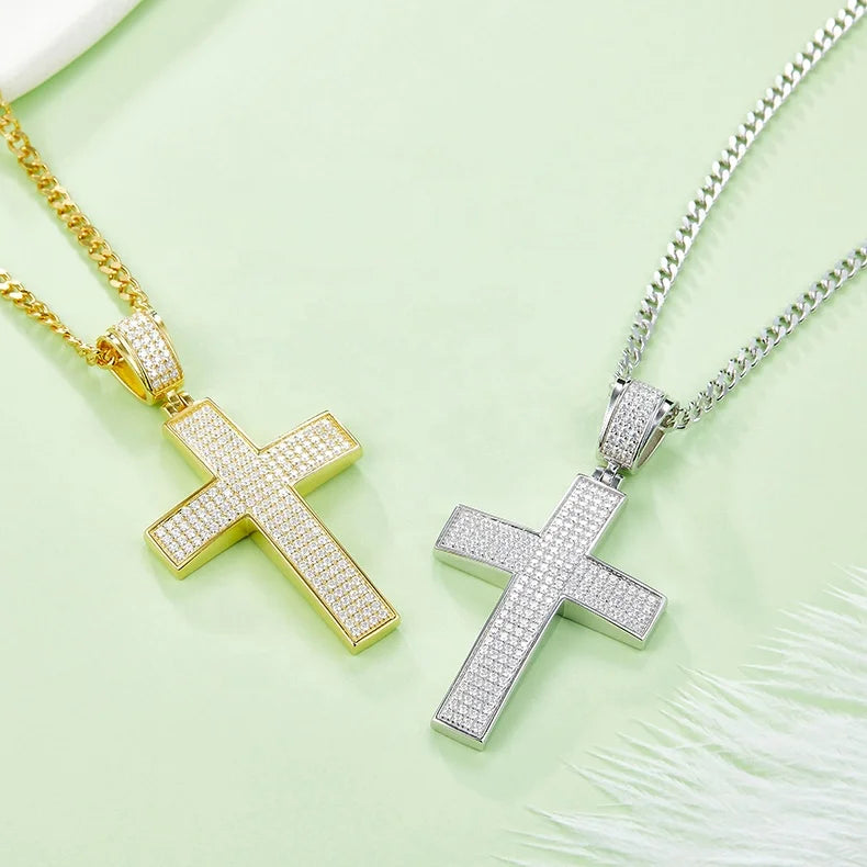 18K Gold Plated Vintage 925 Sterling Silver VVS Cross Moissanite Pendant Women's Necklace Men's Necklace