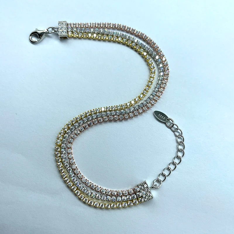 Adjustable Tennis Bracelet Three Row CZ Micro Pave Bling Bling Cubic Zirconia Rose Gold  Plated Tennis Chain Bracelet