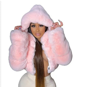 Women Bomber Cropped Jackets Fuzzy Faux Fur Fashion Solid Coat With Hood Furry Long Sleeve Jackets