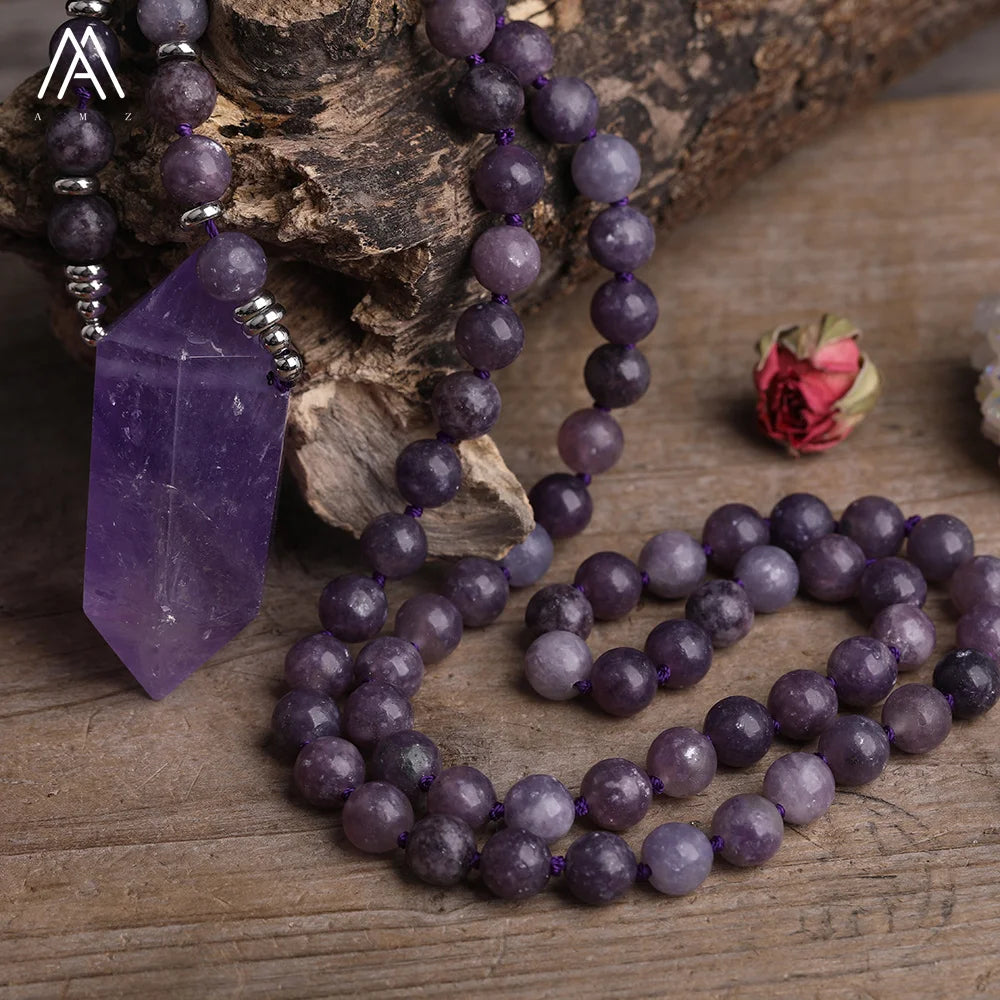 Purple Mica Jasper Mala Necklace Trendy Jewelry  Healing Amethyst Crystal Point Necklaces for Yoga Gifts