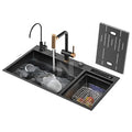 N8448XN4 Luxury 304 Stainless Steel Square Double Bowl Handmade Kitchen Sink Faucet Four Black Nano Coating Cup Rinser Food MegaBDM
