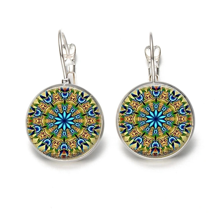 SX-136 Wholesale Alloy Glass Round Earring Women Vintage 18mm Mandala Ear Jewelry Earrings for Girls