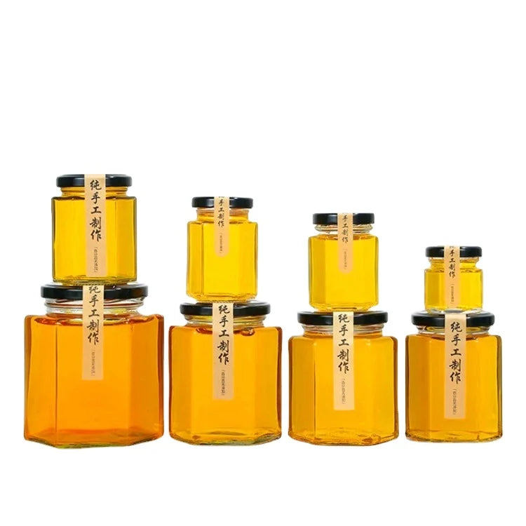 Hot Sales 45ML 85ML 100ML 180ML 280ML 380ML 500ML 730ML Hermetic Hexagonal Glass Honey Storage Jar With Metal Cap for Sale