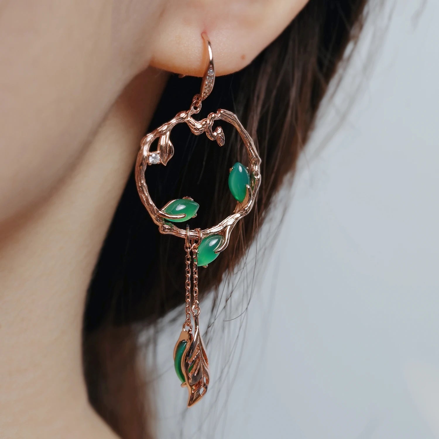 YBO Unique Design 18K Gold Plated 925 Sterling Silver Natural Jade Chalcedony Vine Earrings Vintage Earrings Wedding Engagement