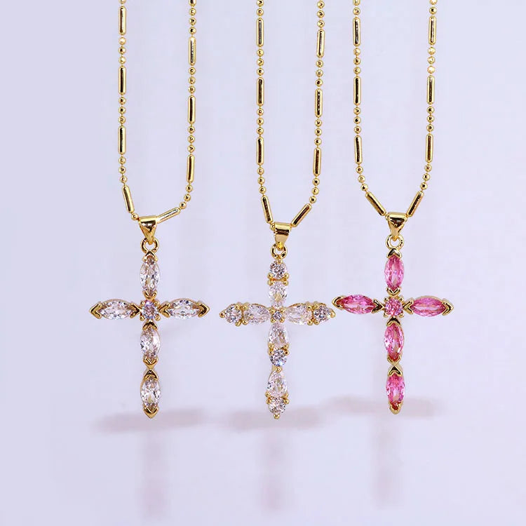 NZ1472 New 18K Gold Diamond Chic Cubic Zirconia CZ Micro Pave Cross Necklace Religion Religious Jewelry Christian Necklace