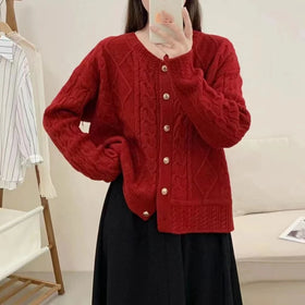 Women's Autumn Winter Leisure Thick Twist Jacquard Coat Solid Color Knit Button Cardigan Sweater Wholesale Casual Sweater