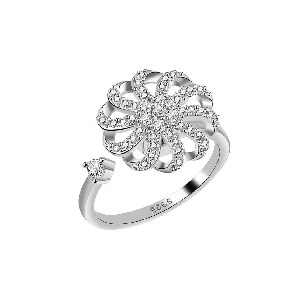 Spinner CZ Diamond Fidget Ring Jewelry 925 silver Personalized Adjustable Rotatable Snowflake women Anti Anxiety Ring