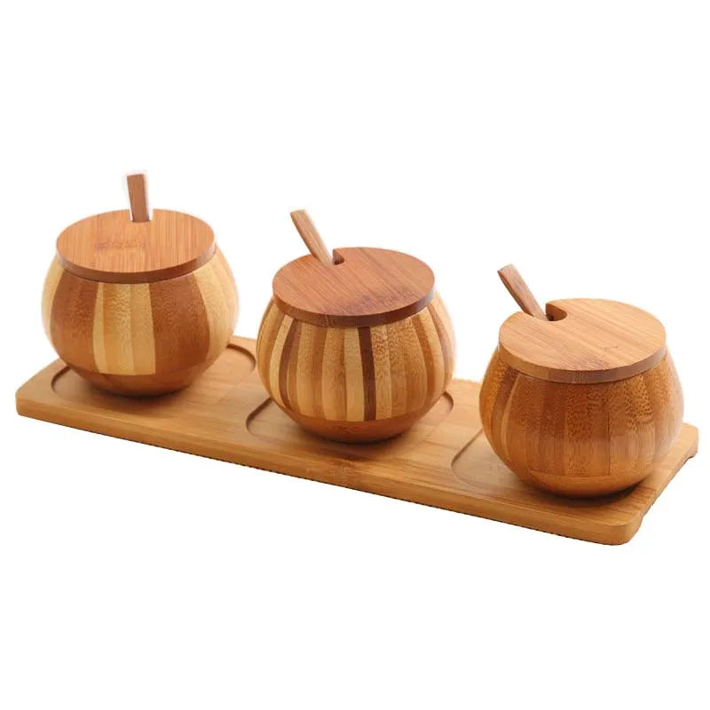 100% Bamboo Salt Box Kitchen Storage & Organization Bowl Spice Container with Shaker Lid and Spoon Seasoning Tools