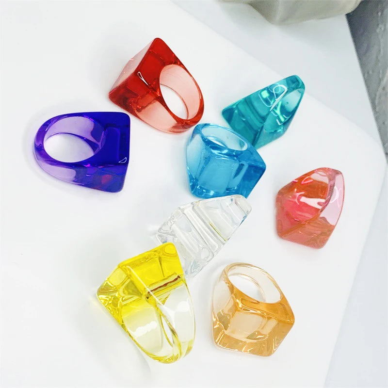 Wholesale Candy Colorful Transparent Resin Acrylic Women Geometric Square Ring for Girl Finger Party Jewelry