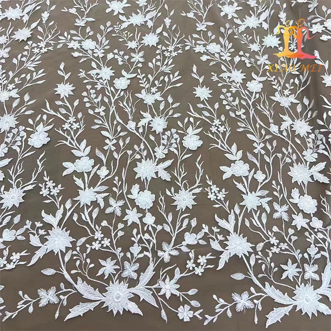 New Style Eco-Friendly 100% Polyester Mesh White Floral Embroidery Bridal Lace Fabric XM-BF0542