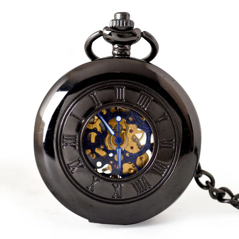 Weflourish MP004 Antique Hollow Zinc Alloy Manual Black Hand Winding Mechanical Retro Roman Pocket Watch