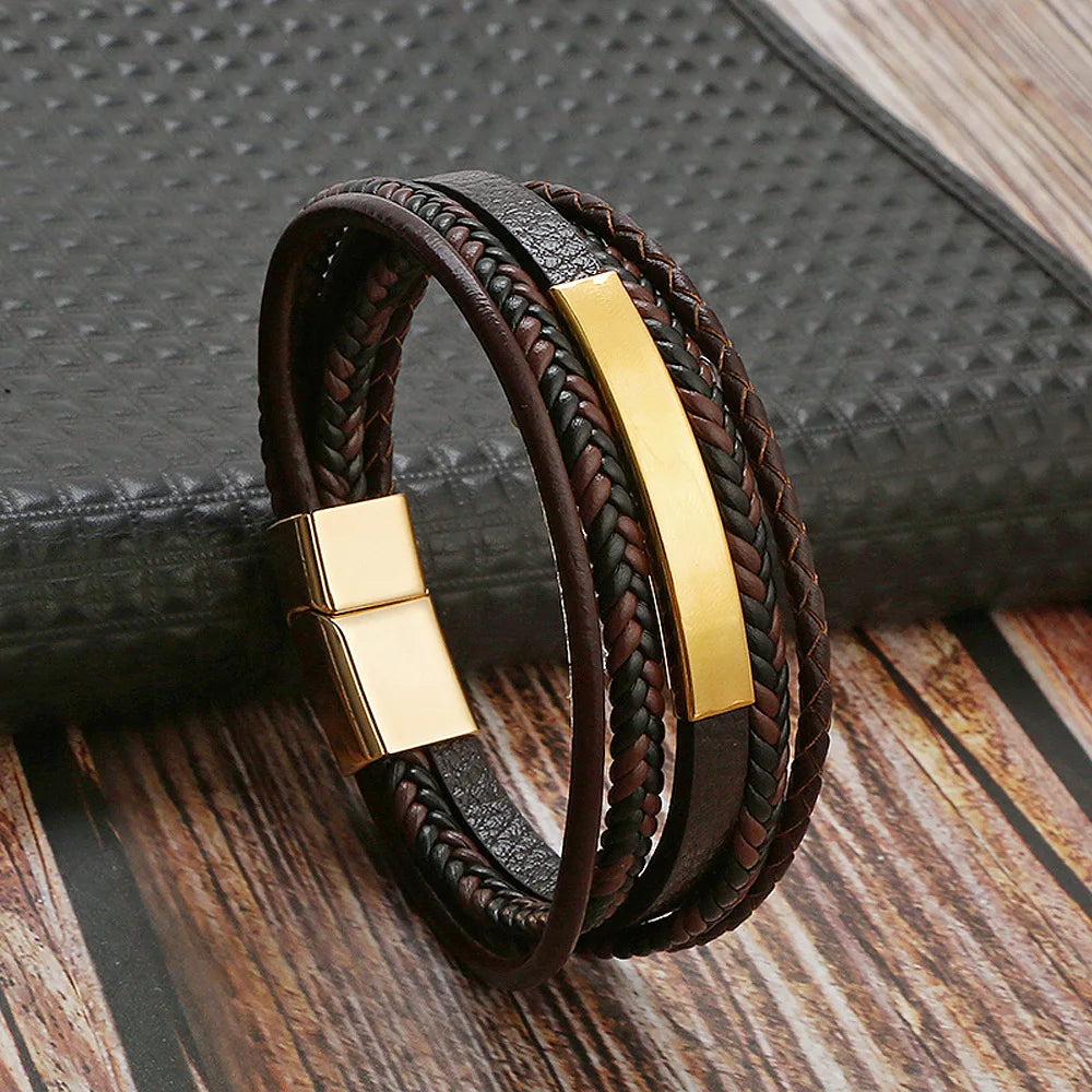 Braided Men Leather Wrist Bangle Bracelet Multilayer Magnetic Clasp Genuine Leather Bracelet Pulseras De Cuero