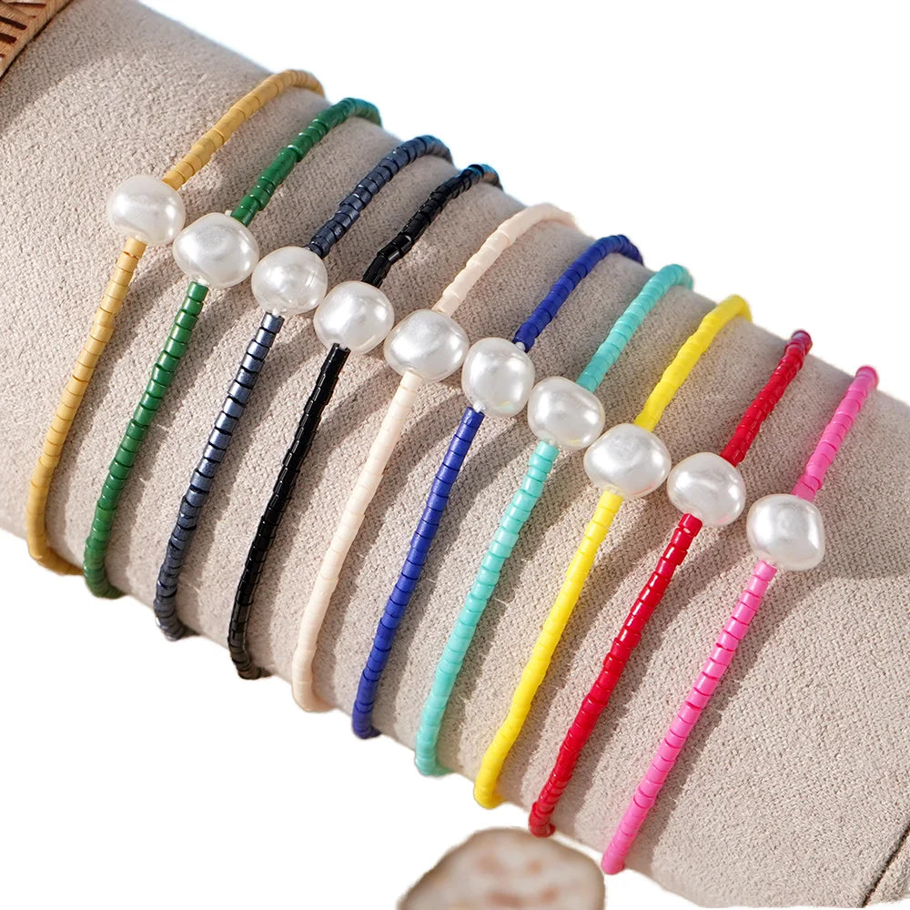 Go2boho Multicolor Glass 10pcs Bead Bracelets set with Imitation Pearls Beach Boho Style Adjustable Fashion Jewelry for Women