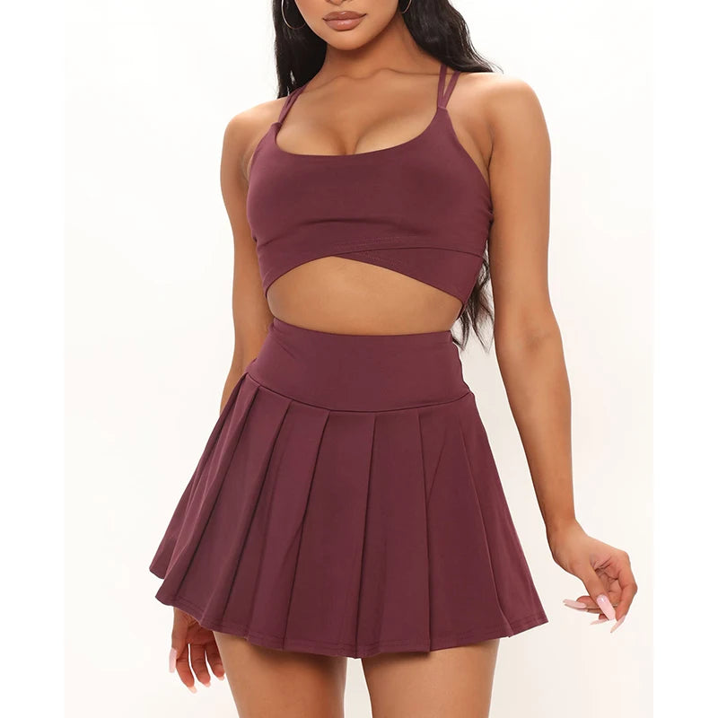 Women's Summer Stretch Skort Set Wholesale Casual Pleated Tennis Skort with Backless Crop Vest Solid Black
