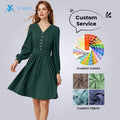 Casual Girls Dresses Womens Clothing Solid Dresses Women Ladies Green Button Long Sleeves Dresses