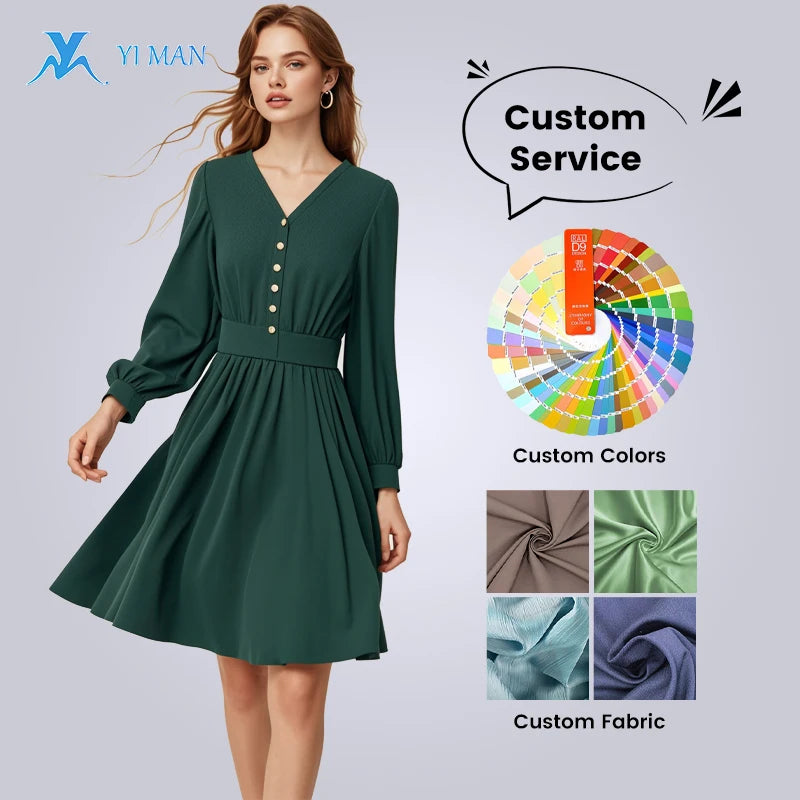 Casual Girls Dresses Womens Clothing Solid Dresses Women Ladies Green Button Long Sleeves Dresses