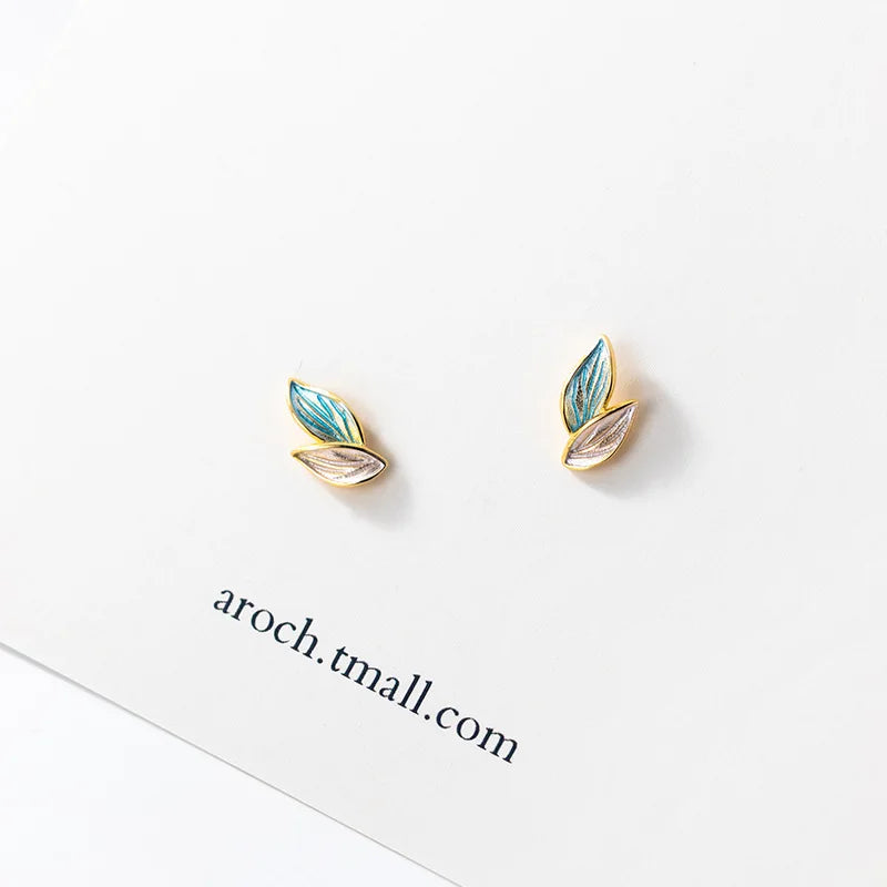 S925 Silver Blue Leaves Two Color Sweet Fashion Gold Plated Statement Stud Earring Jewelry Leaf Small Stud Earrings