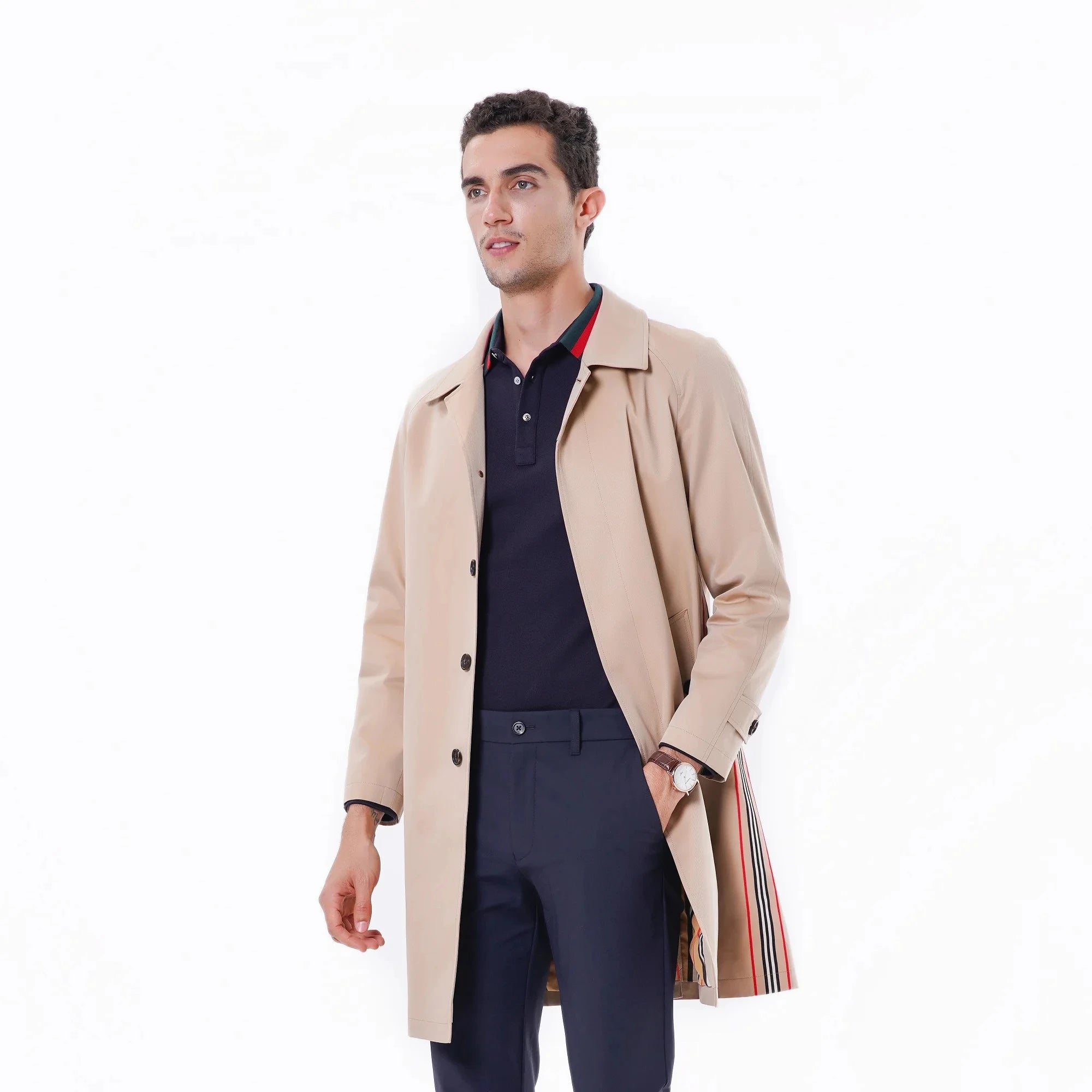 2023 Bosha Men's Long Trench Coat  Single Breasted Closure With Breathable Webbing Turn-Down Collar Buttons