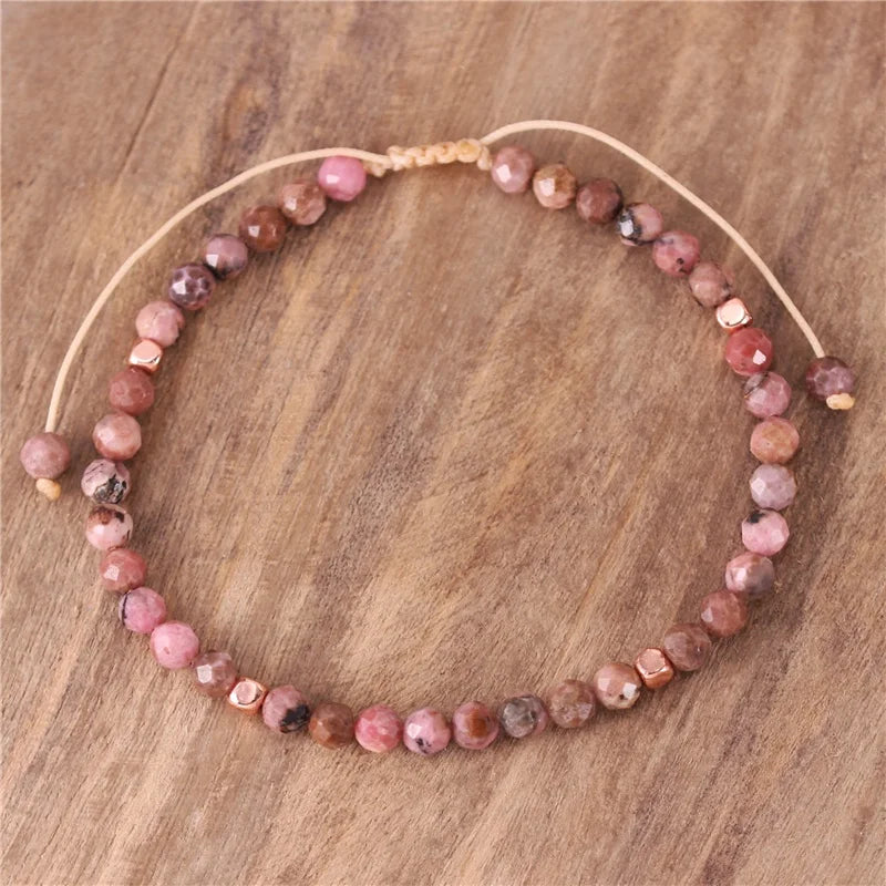 Popular Jewelry 4mm Black Rhodonite Beads Dainty Bracelet Tibetan Cord Adjustable Natural Stone Bracelet Women Vegan Jewelry