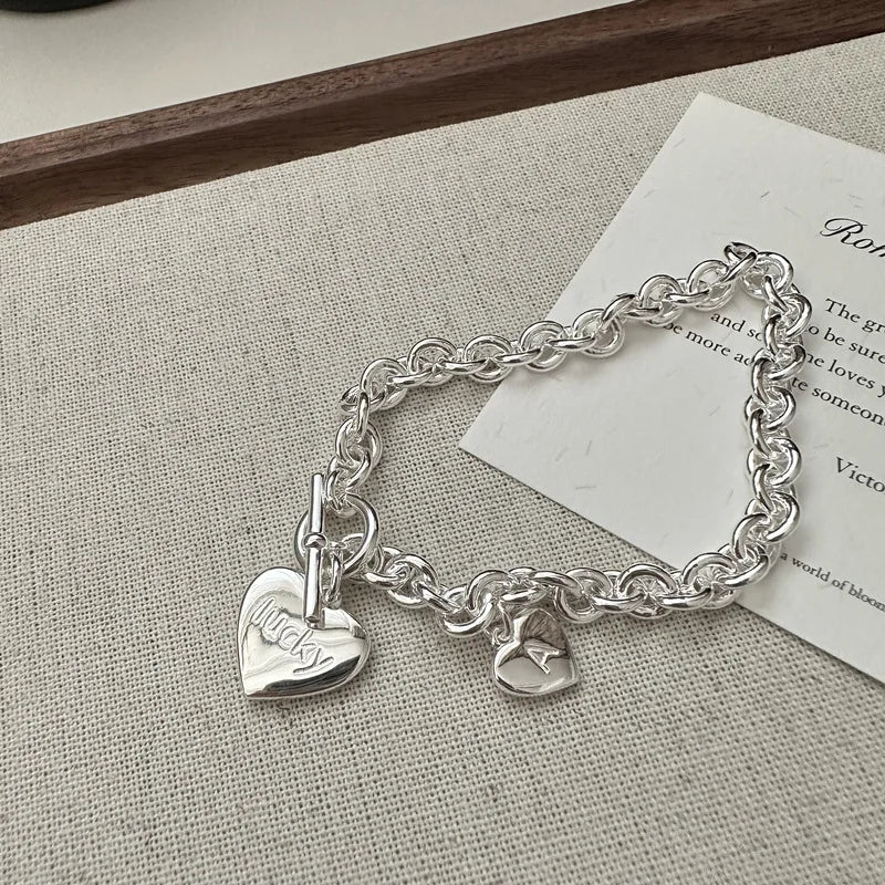 Chunky Jewelry Link Chain OT Clasp Bracelet 925 Sterling Silver Chunky Heart Bracelet