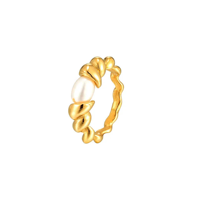 Female Bulk Waterproof Eternity Stainless Steel Gold Plated Natural Freshwater Pearl Bead Charm Bead Finger Ring Jewelry