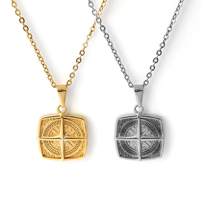 Non Tarnish 18K Gold Plated Stainless Steel Custom Vintage Viking Jewelry Men's Compass Square Pendant Necklace MSPN-0015