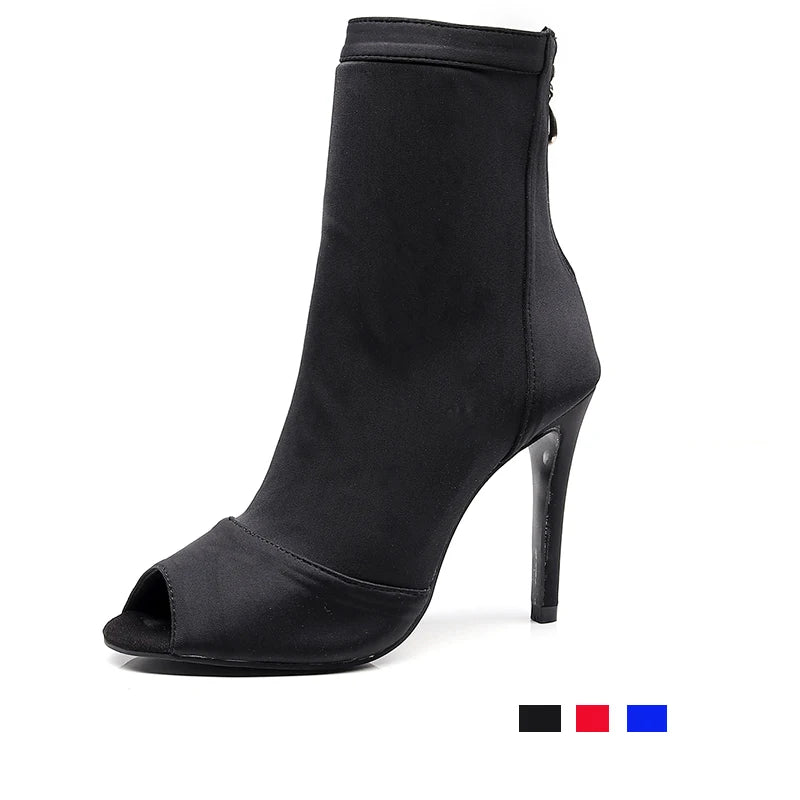 Women Ballroom Latin Dance Shoes Black Soft Bottom Bachata Salsa Dance Sandals Woman Thin Heel 8.5cm 10cm 11cm Sock Boots
