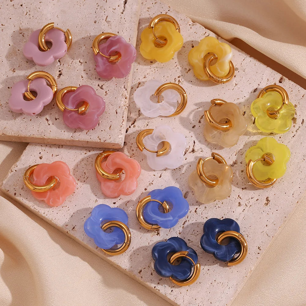 Fashion Retro Flower Earrings Stainless Steel 18k Gold Plated Colorful Flower Earrings for Women Resin Earrings