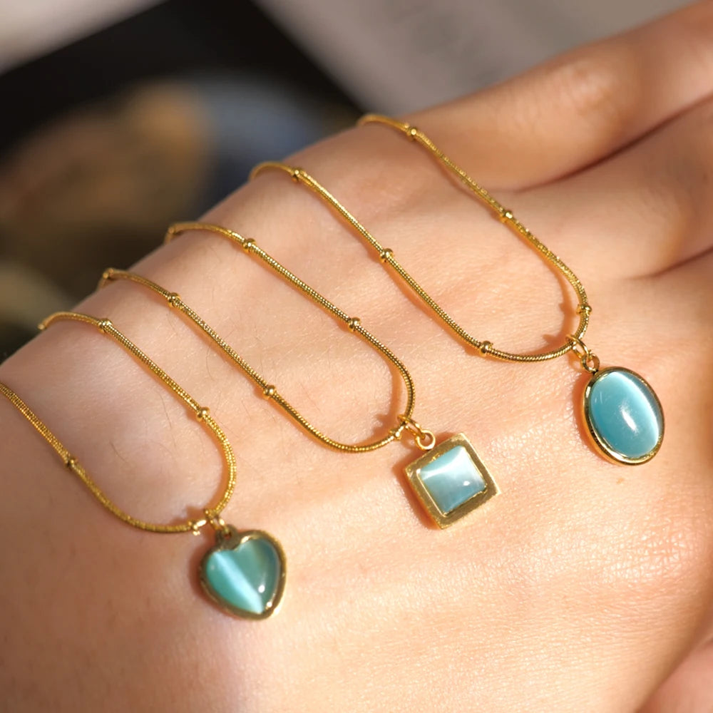 New Arrival 18K Gold Plated Stainless Steel Blue Cat Eye Natural Stone Oval Square Pendant Necklace Set for Women
