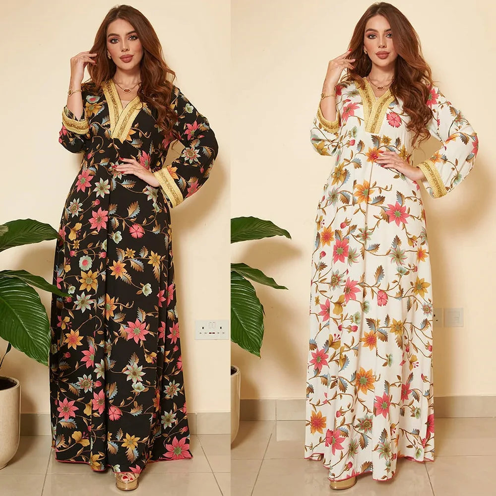 Manufacturer Well Made Muslim Print Hot Drill Maxi Dress Fashion Ethnic Style Skirt Southeast Asia Casual Arabian Women Abaya