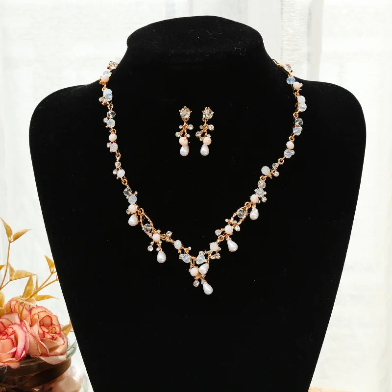 Bridal Necklace Earring Two-piece Set Korean Style Minimalist Rhinestone Pearl Wedding Necklace Wedding Dress Accessories