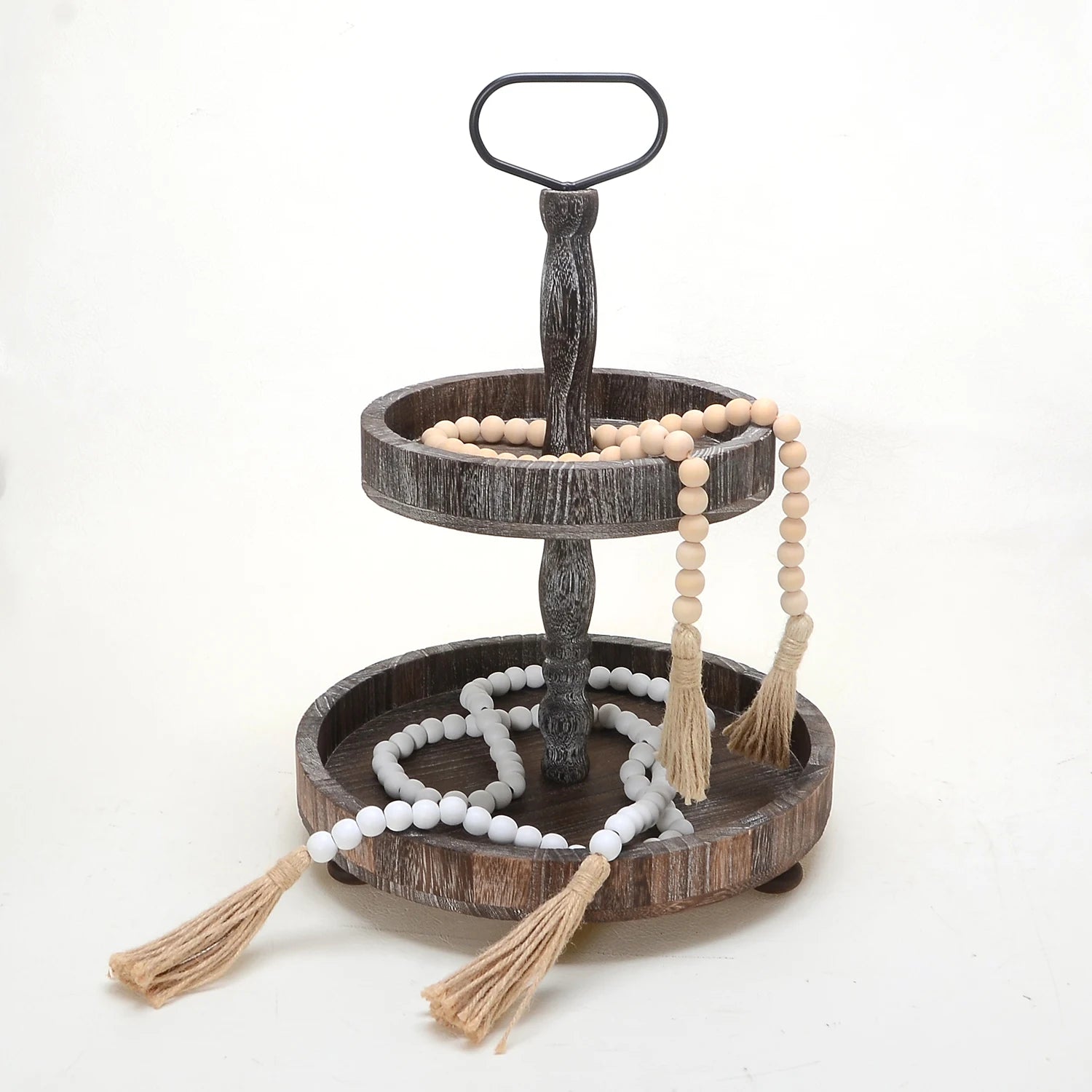 Wholesale Wood Tray Table Serving With Metal Handles2 Tiered Tray With 150cm Wood Bead Garland
