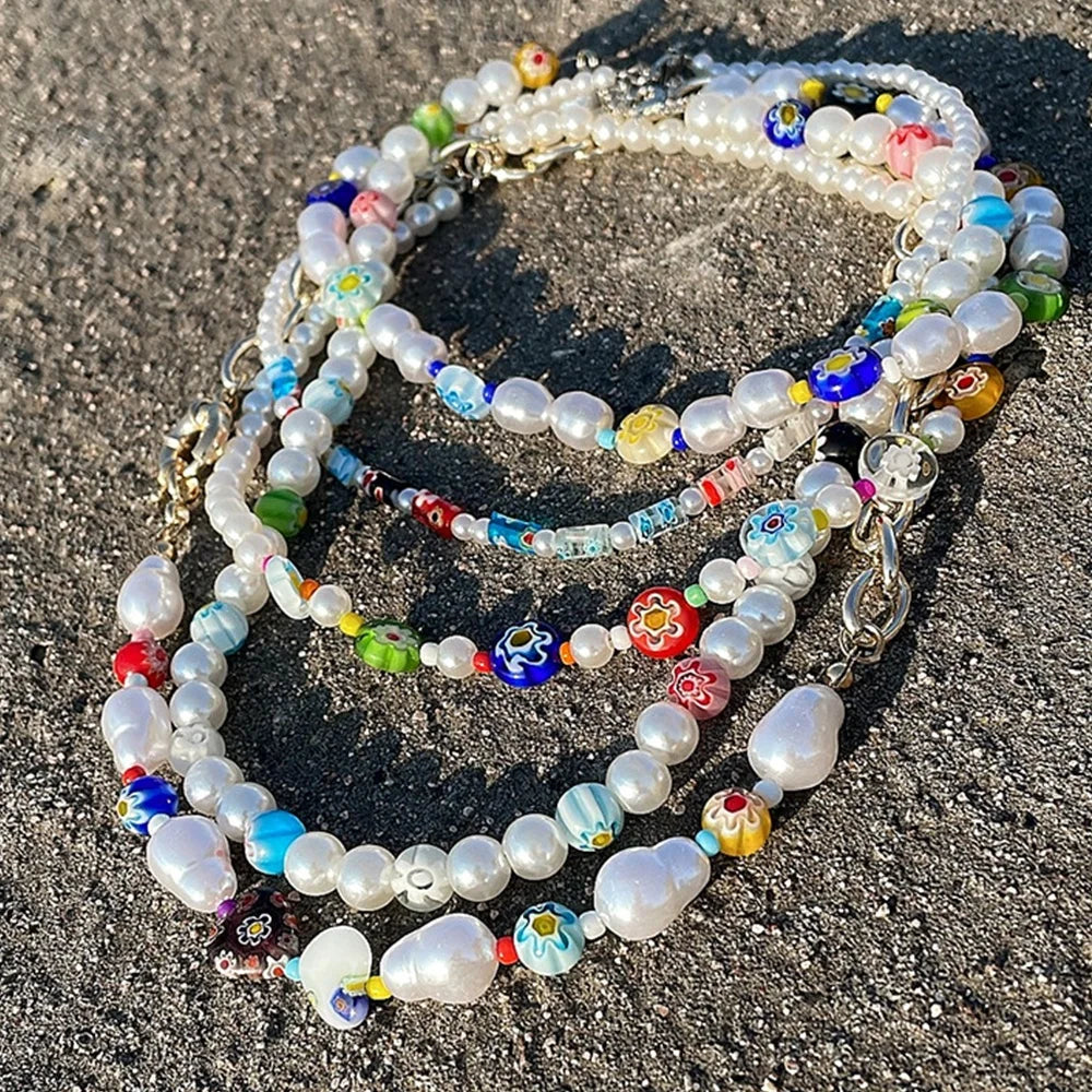 String Pearl Choker Clavicle Chain Bohemian Handmade Colorful Glass Beads Necklace Summer Girls Flower Pearl Beaded Necklace