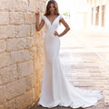 13418#Soft Satin Simple Elegant Open Back Mermaid Cap Sleeves V-Neck Sweep Train Backless Sheer Lace Wedding Dress Bridal Gown