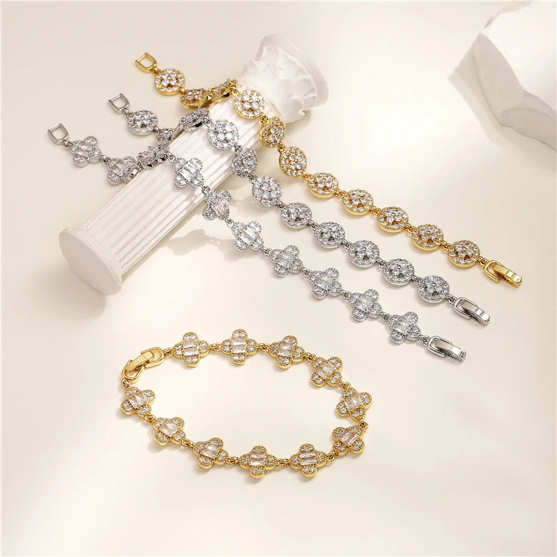 Hot Sell Daily Party Use 18K Gold Plated Clover Charm Bracelets Women Bracelet Zircon Flower Bracelet