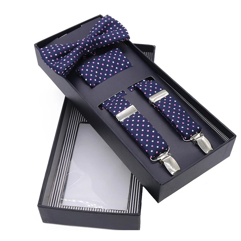 Adult Men's Suspender Set 3 Clips Braces Vintage Gold Red Wedding Suspenders Bow Tie Necktie Set