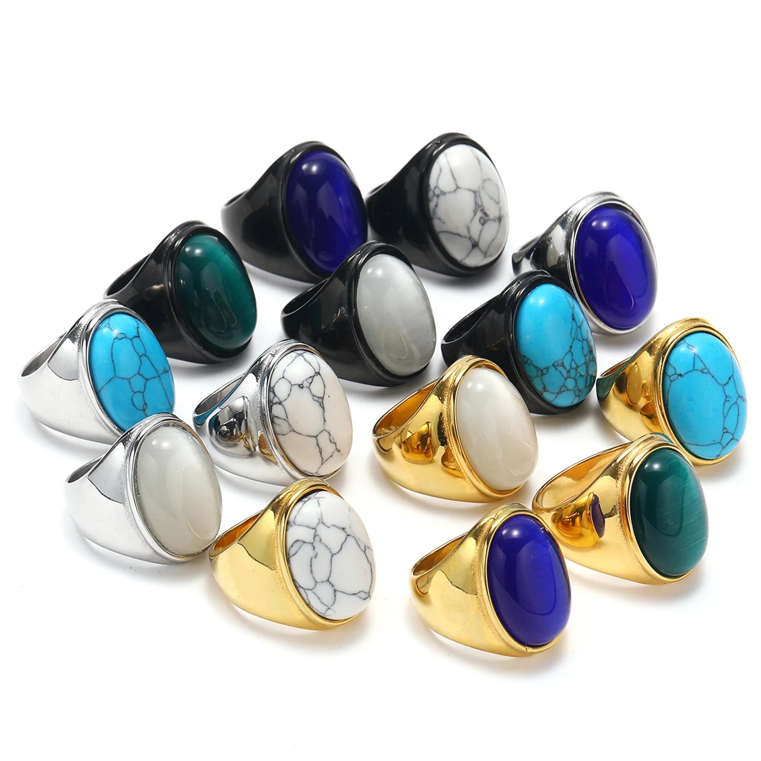 DAIHE Europe and America Luxury Natural Stone Stainless Steel Ring 18k Gold-Plated Men's Rings Non Tarnish