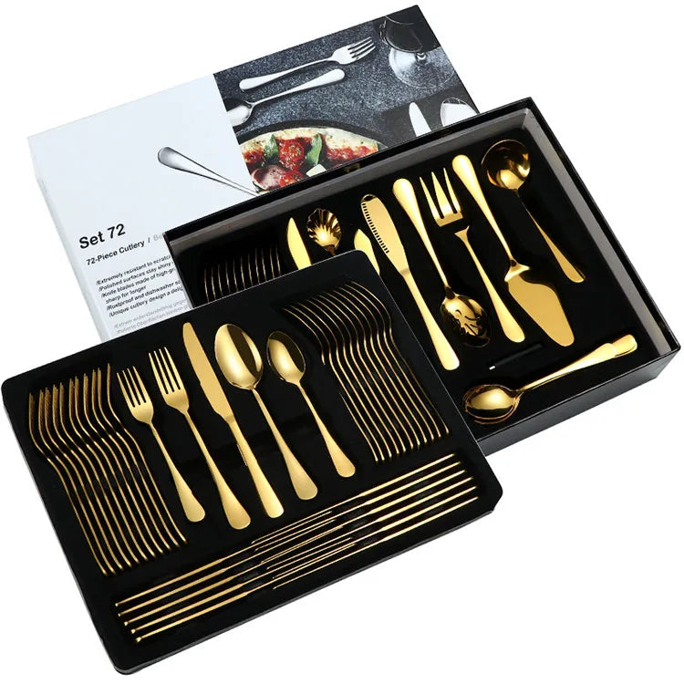 Wholesale Stainless Steel Gold Flatware Wedding Western 72pcs Cutlery Set With Gift Box
