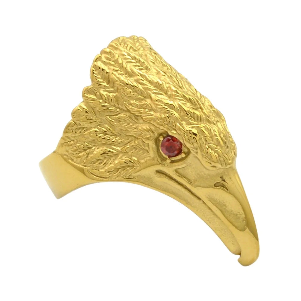 316l Anillo De Acero Inoxidable Bird Head Ring Stainless Steel Eagle Head Ring Red Garnet Stone Gold Biker Ring