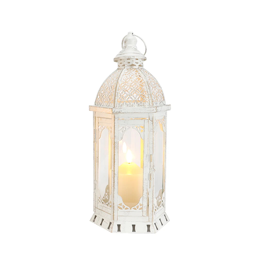 Vintage Old White Candle Lantern Castle Tower Shape Metal Lanterns for Indoor Weddings Outdoor Garden Decor