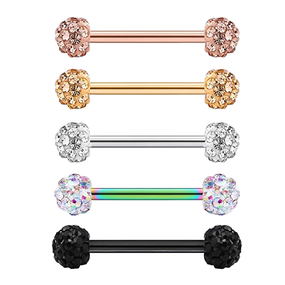 14G Surgical Steel Tongue Rings Crystal Ball Tongue Barbell Body Piercing Jewelry for Women Men 16mm 5 Color Choose